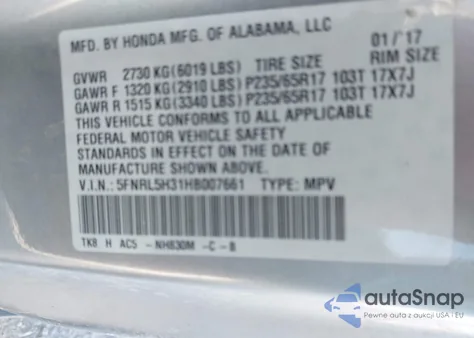 2017 Honda Odyssey Se from USA, damaged, VIN 5FNRL5H31HB007661